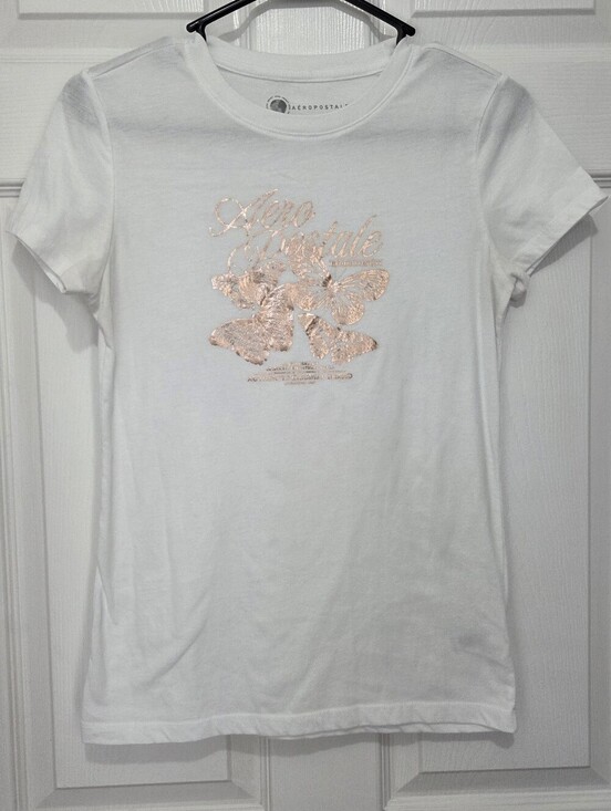 Aeropostale Tops - Aéropostale White Tee with Rose Gold Butterfly Foil Graphic Size Medium